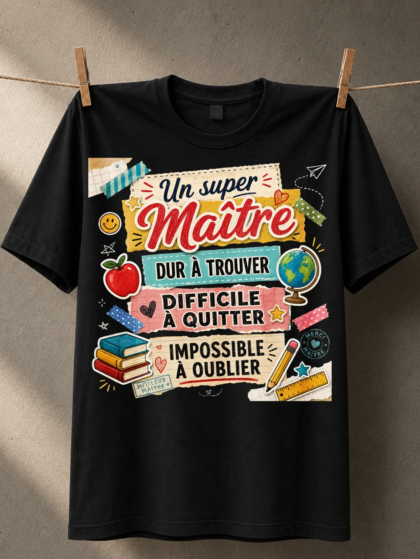 Un super Maitre scrapbook teacher apple globe books pencil paper tape French appreciation collage  Unisex All T-Shirt