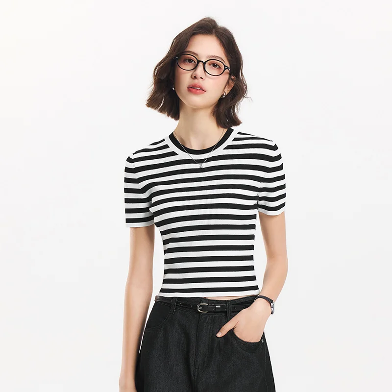 Semir ถักเสื้อกันหนาวผู้หญิง Cropped Basic ลายขา-ความยาวฤดูร้อนสบายๆรอบคอ SLIM FIT เสื้อกันหนาวสําหรับเดินทาง