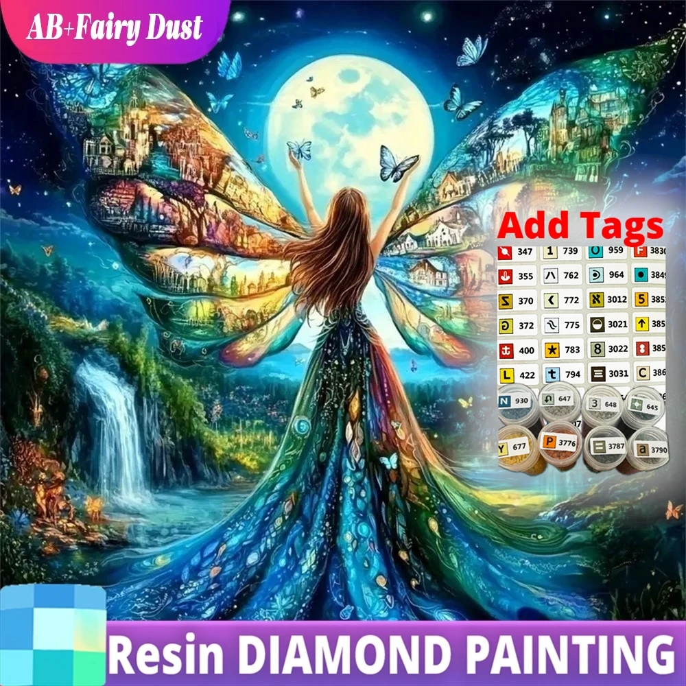 

Смола AB Фея Пыль Алмазная Мозаика Женский Портрет Новое Прибытие Бабочка Картина Крыло Пейзаж DIY Водопад Вышивка Луна Ч