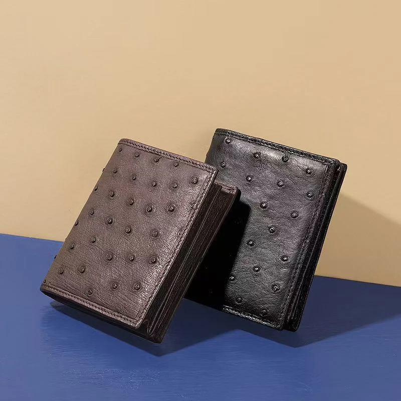 2026 New Fashion Real Men's Ostrich Leather Wallets Genuine Leather Short Organizer Wallet Boy Brand Luxury Card Holder Purse