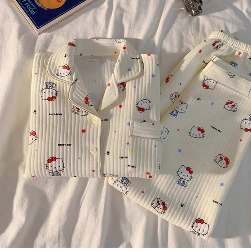 

Sanrio Hello Kitty Women's Cotton Pajamas Sets Kawaii Cartoon Winter Warm Sleepwear Long Sleeve Pants Nightwear Home Clothes New