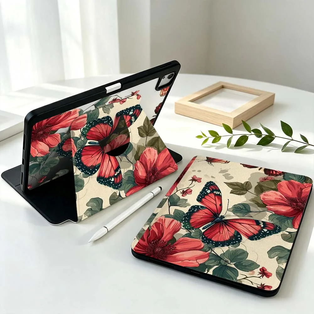 Artistic Red Butterfly Flowers For Samsung Galaxy Tab S11 S10 S9 S8 A11 FE Plus Ultra 360° Rotation Stylus Storage Tablet Case