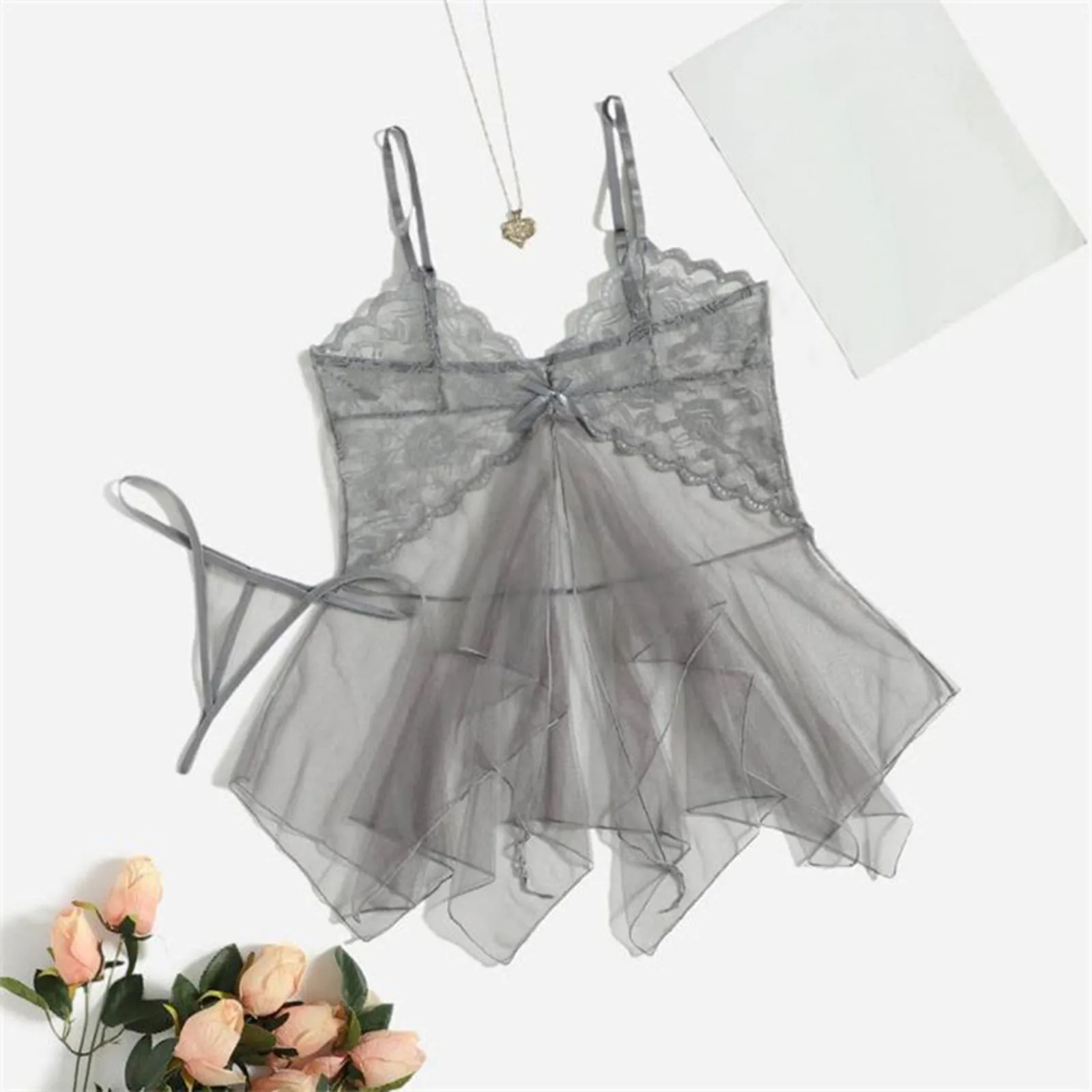 Mesh Sheer Lace Babydolls With Thongs Sets Women Tulle Set With Robe Babydolls Underwear Transparent Erotic Costumes Lenceria