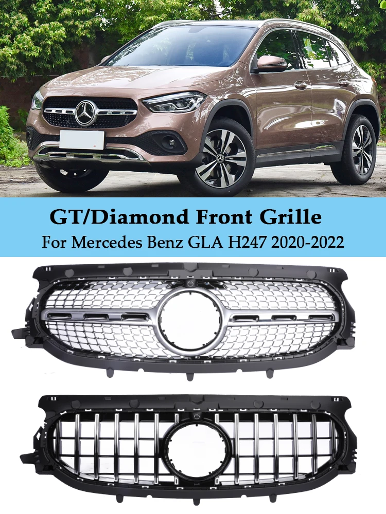 Black Front Bumper Panamericana GT Grille Sport Style For Mercedes Benz GLA Class H247 220 250 220d 2020-2022 Diamond Grill