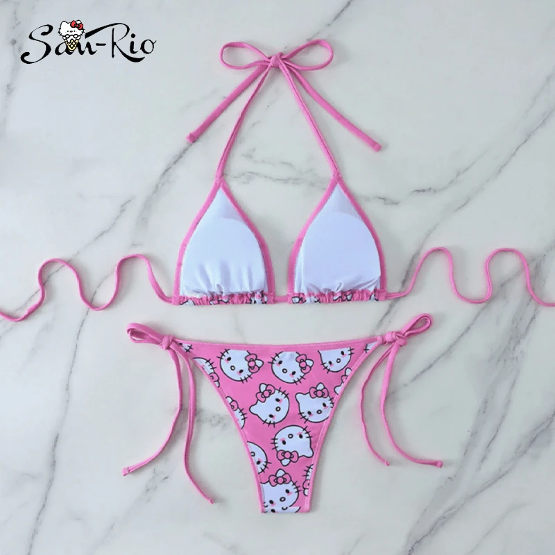 

Hello Kitty Bikini 2Pcs Cartoon Girl Bikinis Summer Beach Getaways Swimsuit Set Woman Underwear Kawaii Lingerie Small Bust Bra