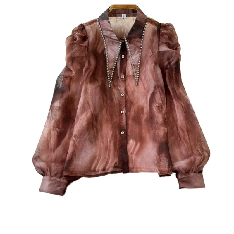 

Cross-border Women's Clothing New Wizard of Oz Retro Tie-dye Gradual Change Slim Fall Flared Sleeve Lapel Top Mesh Shirt Blouses