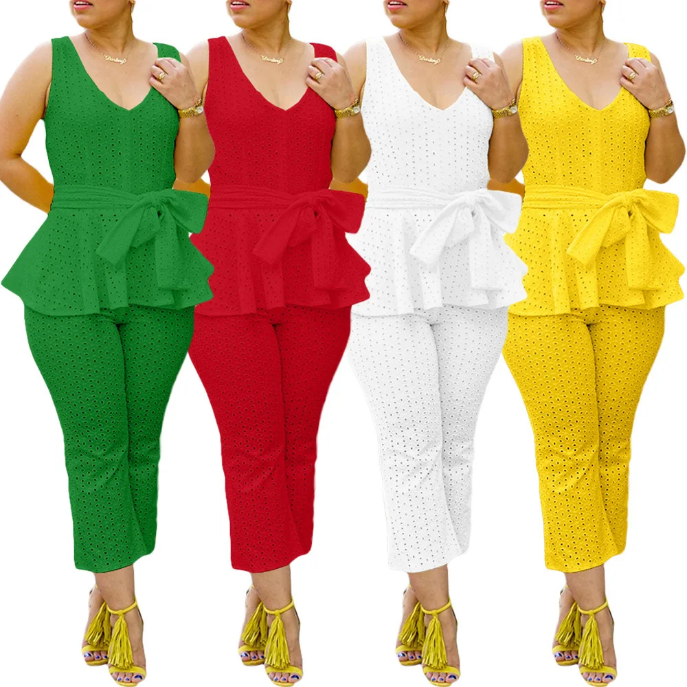 

Two Pieces Women Pant Sets Solid Matching Set Lace Up Wide Strap Elastic Waist Capri Pant Slim Office Lady Casual 2026 Summer