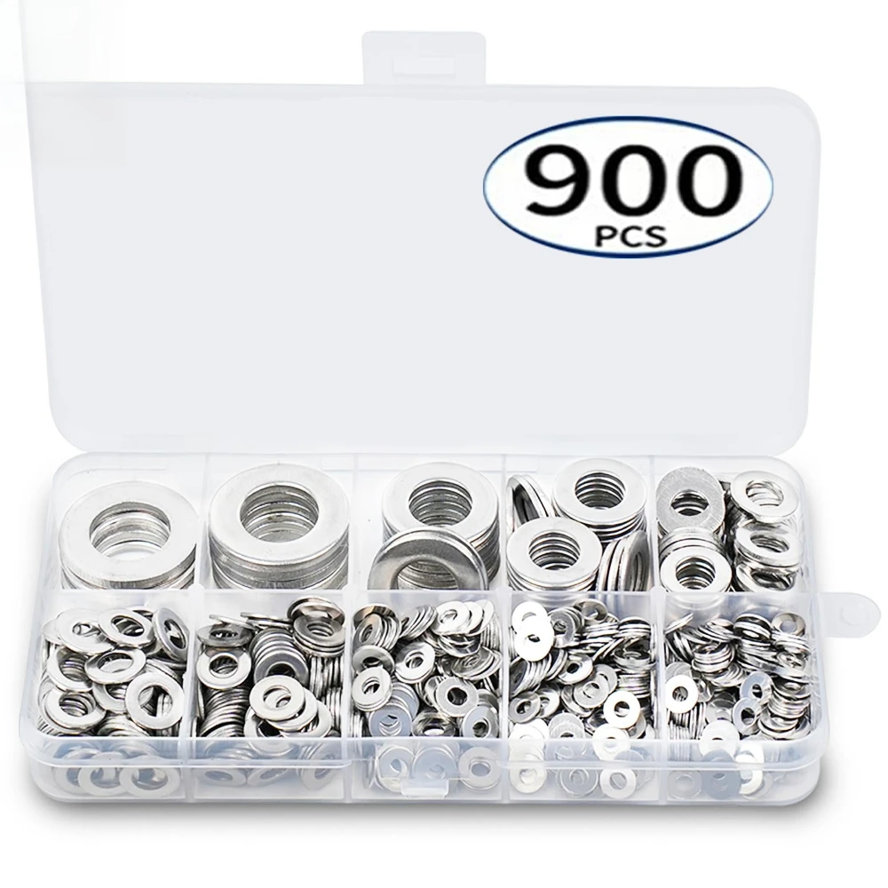 

900pcs Hardware Fastener Gaskets 304 Stainless Steel Flat Gaskets M2 M2.5 M3 M4 M5 M6 M8 M10 M12 Metal Round Gaskets