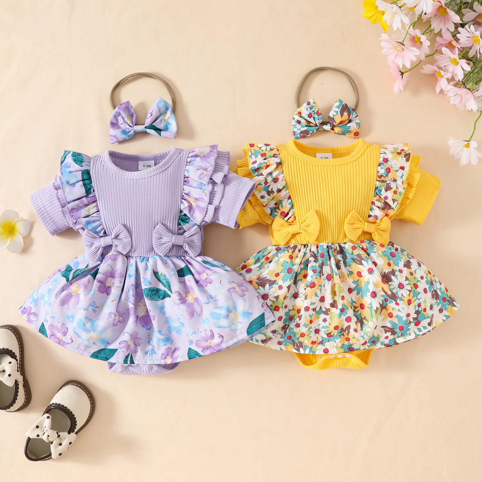 

Summer Infant Baby Girls Bodysuit Dress Floral Print Skirt Hem Short Sleeve Jumpsuits Headband Clothes romper