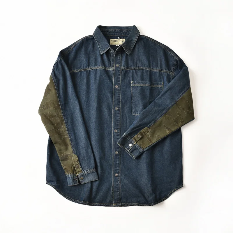 

Высококачественная мужская японская 100% хлопковая потертая лоскутная повседневная джинсовая рубашка с длинными рукавами на осень, американский винтажный мужской