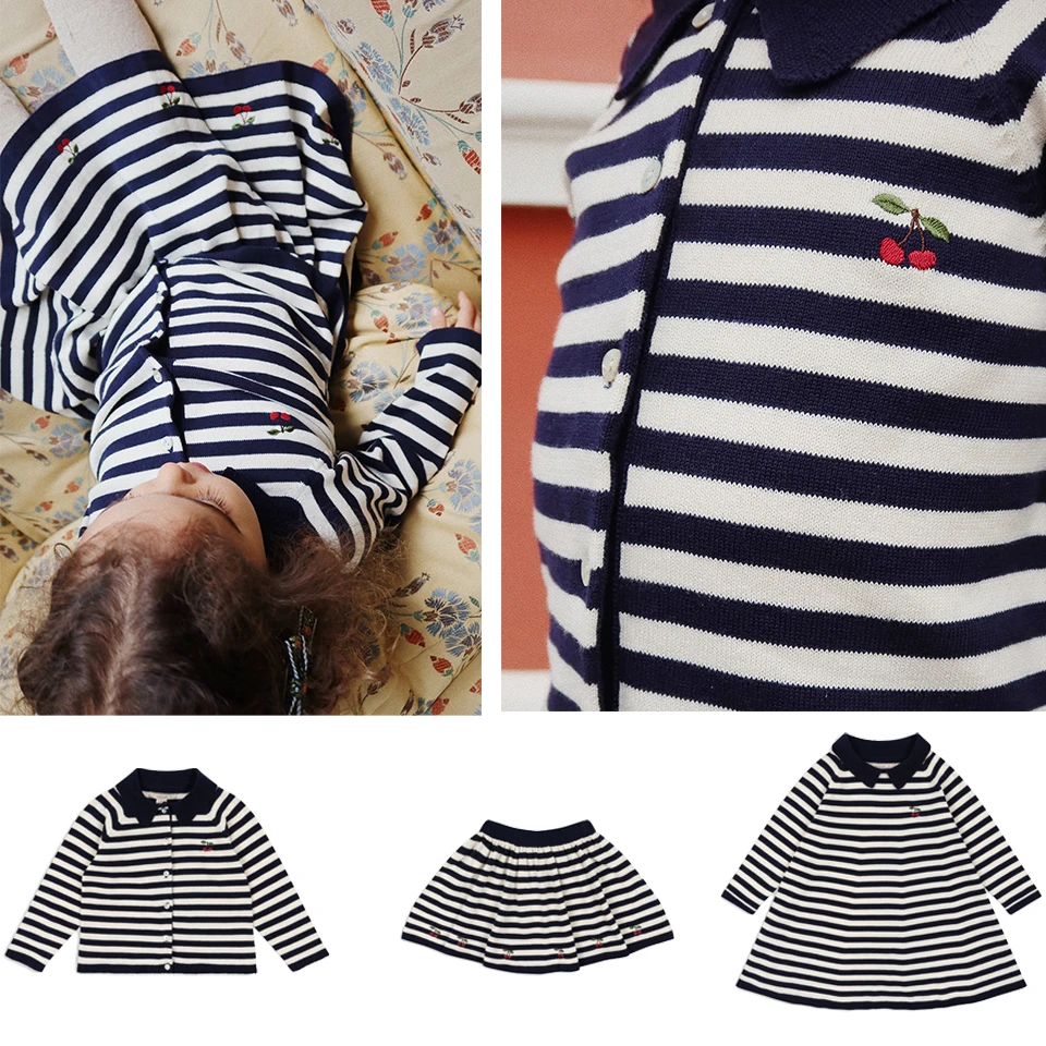 2024 KS Black and White Striped Dress Featuring Cherry Embroidery Knitted Dress Knitted Suit Kids Clothes Set Girls Sweater