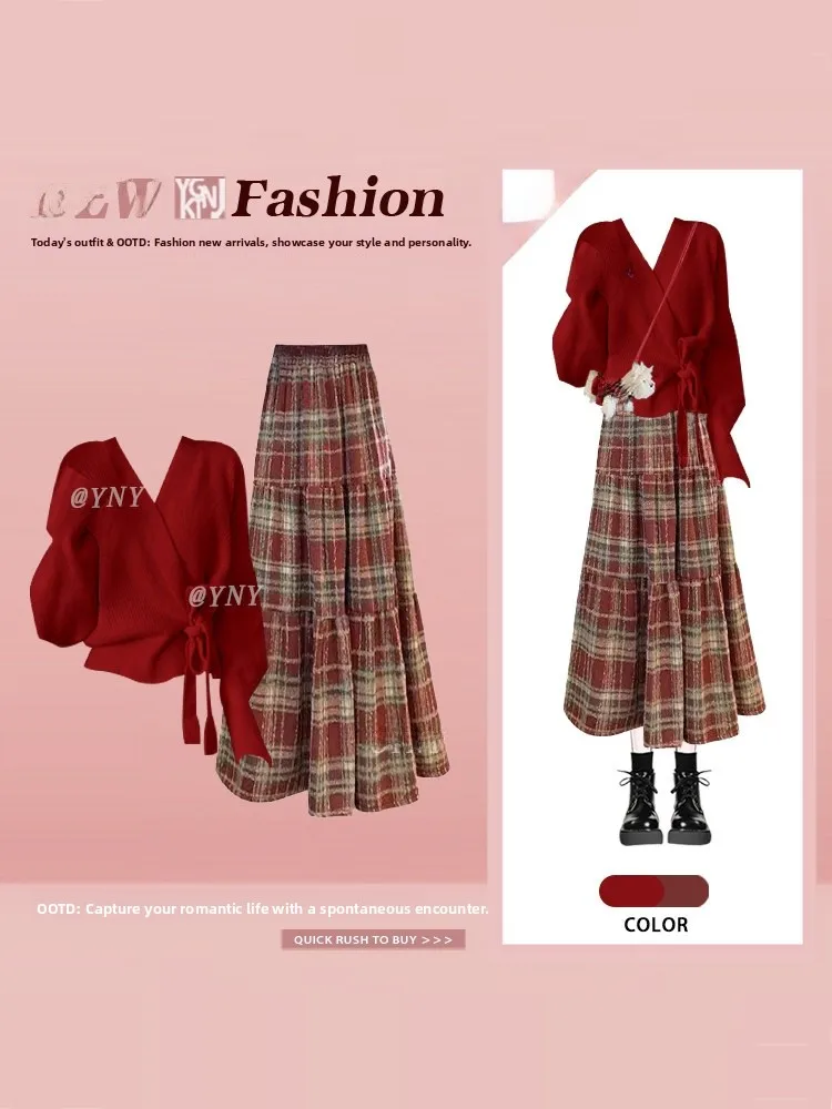 

Retro Red Knitted Top And Long Skirt Set High Waist Plaid Design Gentle Wind Style Two Piece Women's Fashion Spring Outfit