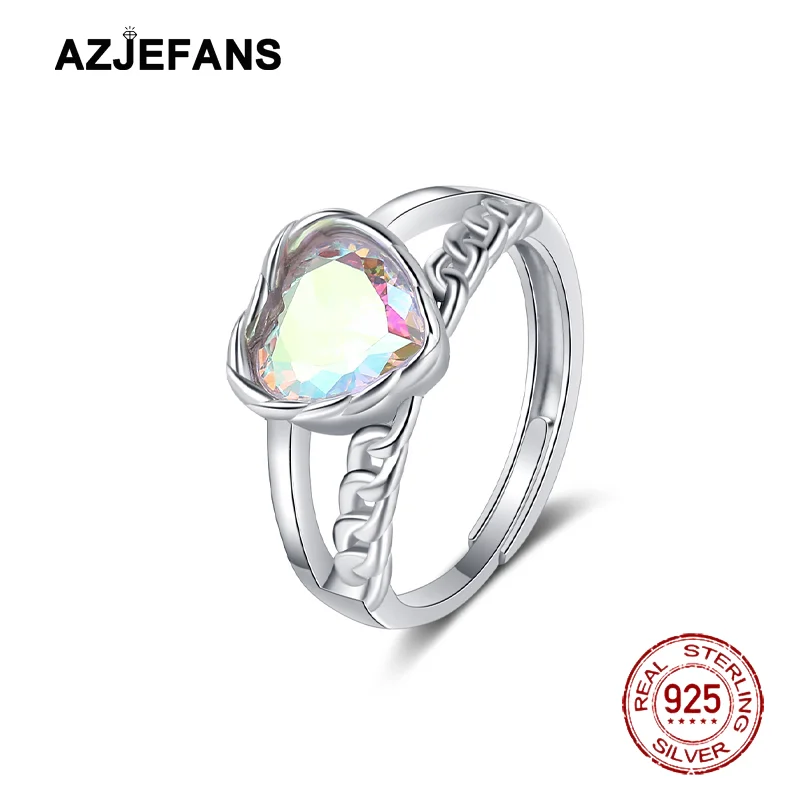 

AZJEFANS 925 Sterling Silver Elegant And Colorful Love Heart Personalized Design Adjustable Rings Fine Jewelry
