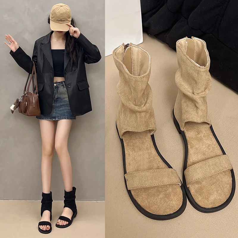

2025 New Summer Open Toe Women's Sandals Round Toe Buckle Strap Ankle Boots Women for Fashion Daily Casual Sandals