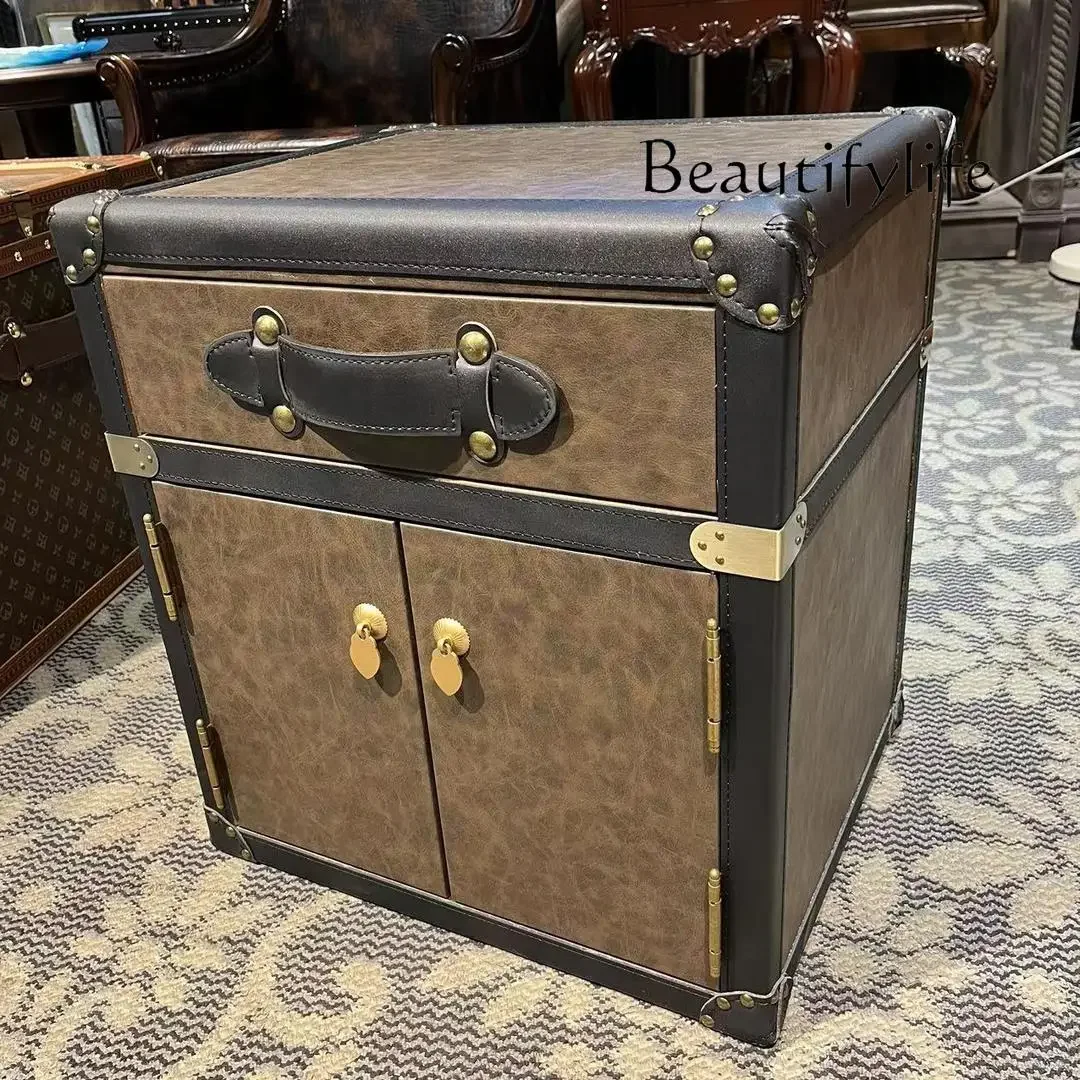 

XR Medieval Style Coffee Table Retro Oil Wax Leather French Leather Box Coffee Table Bedside Coffee Table