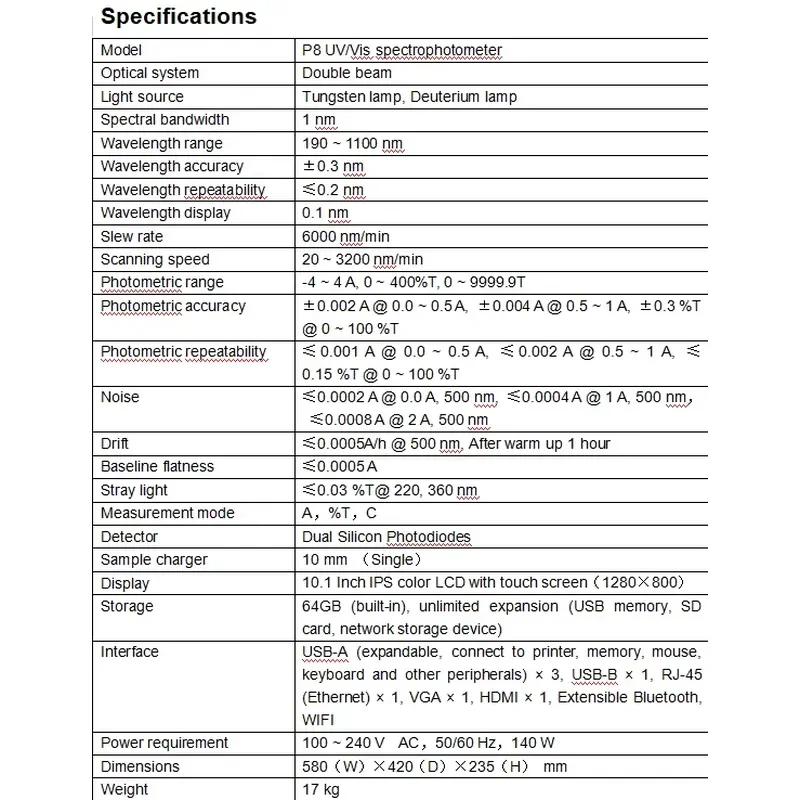 P8 Double Beam UV/Vis Spectrophotometer