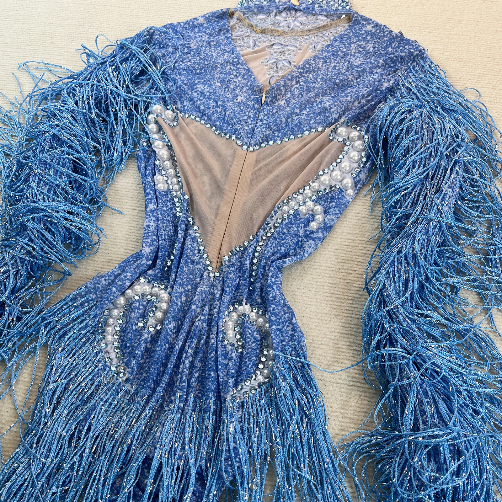 fashion blue crystal bodysuit tassels sexy see through club party DS performance leotard women birthday Team pole dance clothing