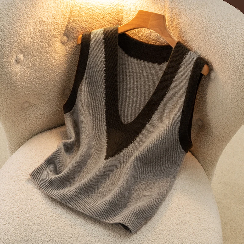 

Новинка Весна-Зима: Женский вязаный жилет свободного кроя с V-образным вырезом из 100% чистой шерсти, для повседневной носки, как нижний слой одежды