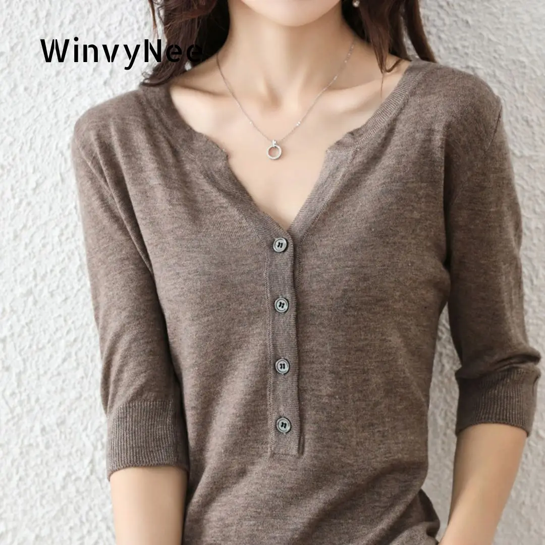

Женский весенний модный вязаный топ WinvyNee с короткими рукавами и пуговицами, однотонный, стильный дизайн, повседневная одежда ZA1047043