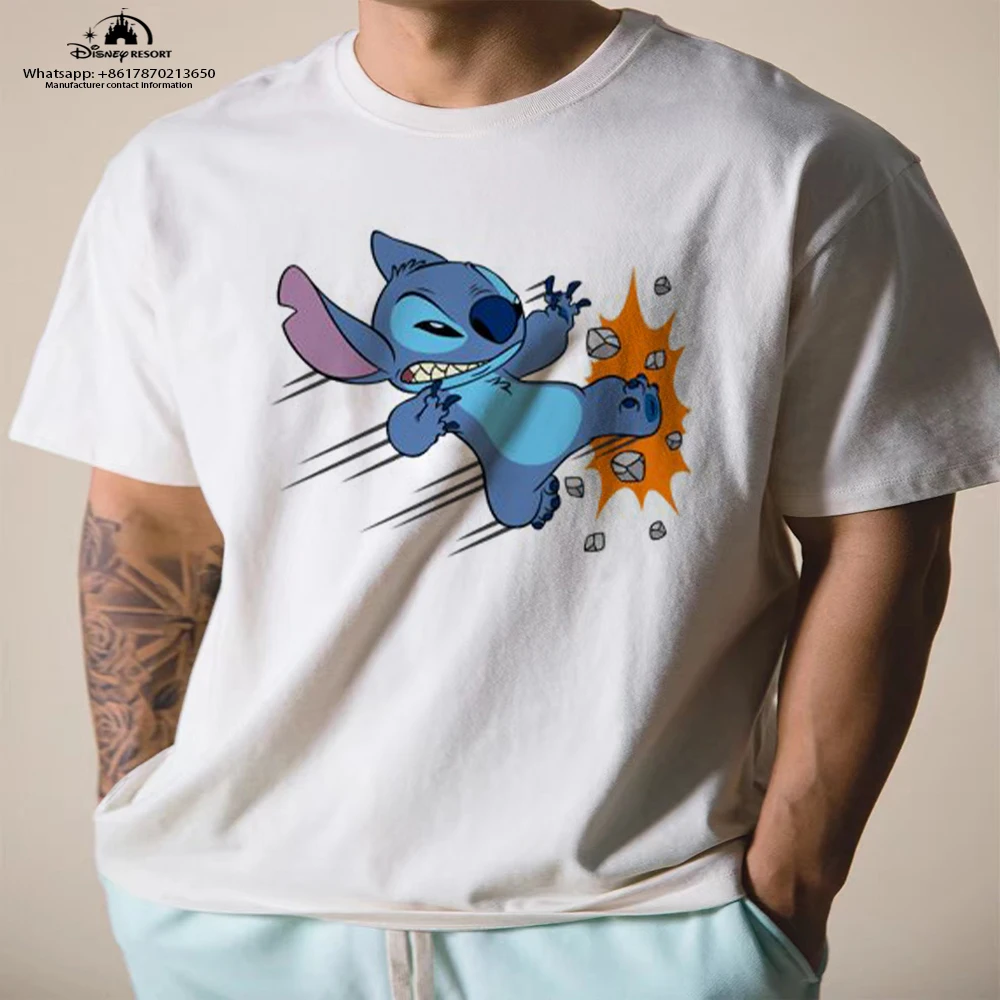 Stitch and Mickey Anime Summer New Trend Brand Boys Harajuku Casual Versatile Fashion Men's Round Neck Short Sleeve T-Shirt