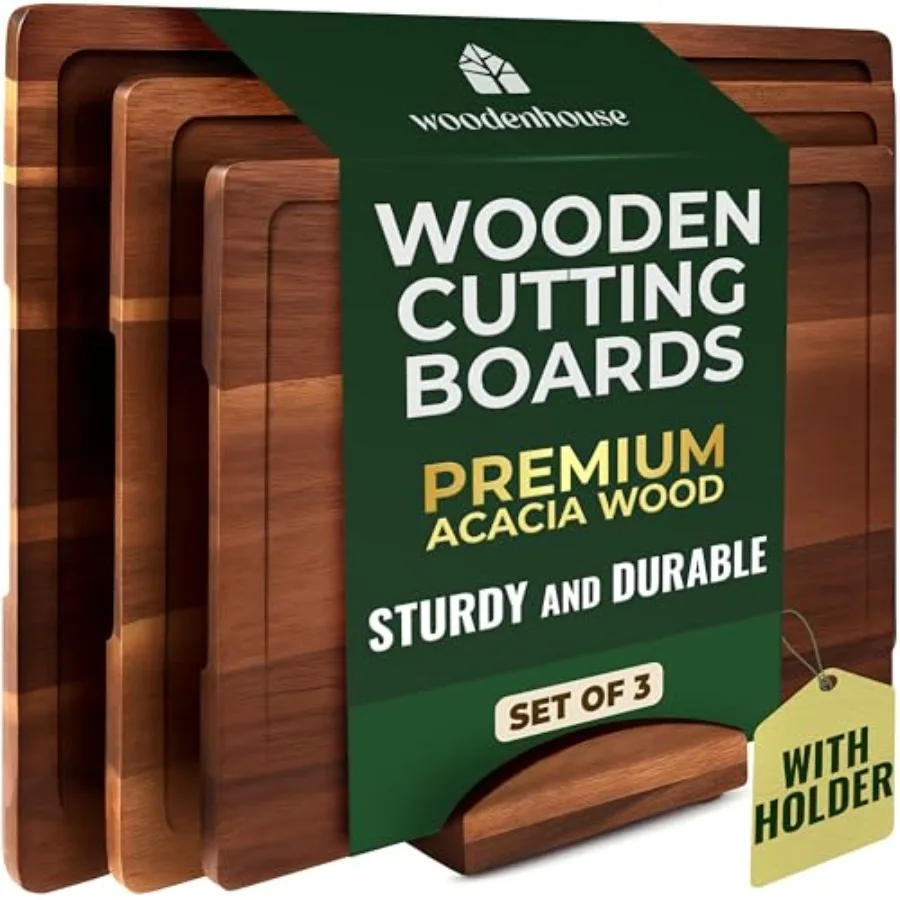 

Acacia Wood Cutting Board Set of 3 with Holder, Juice Grooves and Built-in Handles - Durable, Wooden Cutting Boards for Kitchen