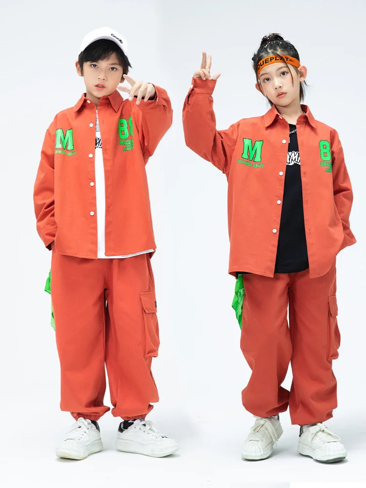 Orange Loose Tooling Clothes For Children Hip Hop Dance Costume Girls Jazz Performance Clothing Boys Streetwear Kpop Suit BL9327