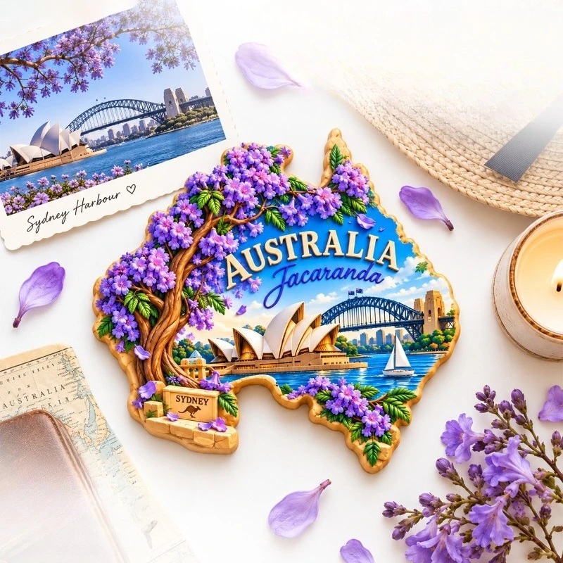 Sydney Jacaranda Map Fridge Magnet - Purple 3D Australian Souvenir Unique City Gift for Travel & Floral Decor