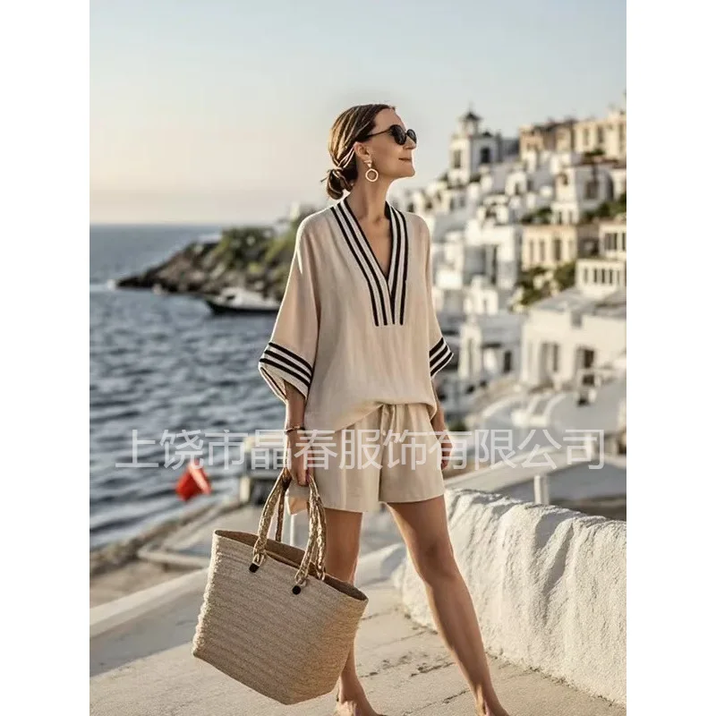 New Women Summer V Neck Half Sleeve Shirt Striped Printed Drawstring Shorts Suit Women Casual Two Piece Set Holiday Outfits