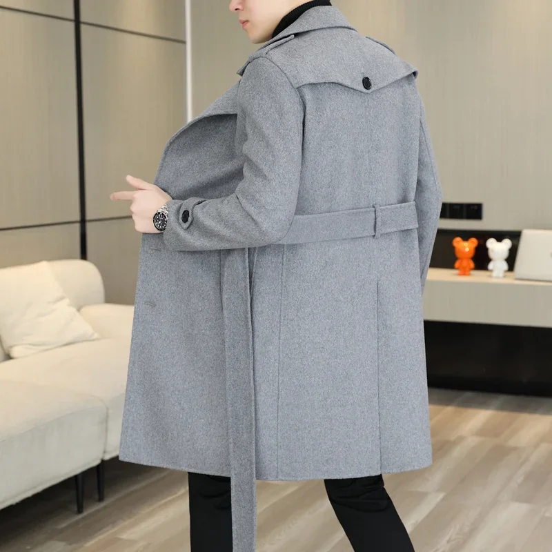 

Double-sided tweed coat Men 2023 autumn/winter new 70% wool coat cashmere lace-up mid-length trench coat