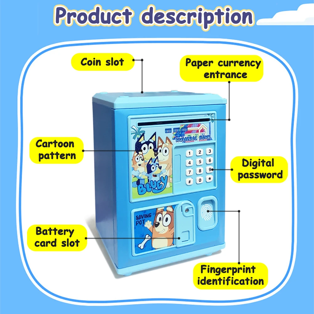 Bluey Bingo-cerradura de código electrónico para niños, hucha, caja de monedas, rollo automático de dinero en efectivo, caja fuerte pequeña, juguetes para niños y niñas, regalo
