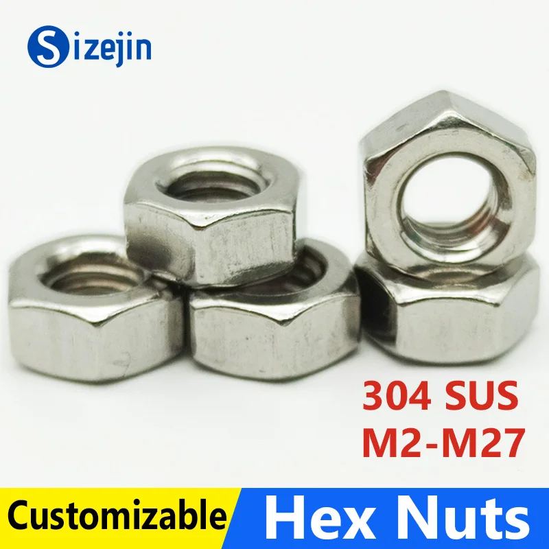 DIN934 304 Stainless Steel Hex Hexagon Nut M2 M3 M4 M5 M6 M8 M10 M12 M14 M16 M18 M20 M22 M24 M27 SUS Nuts 1/100pcs