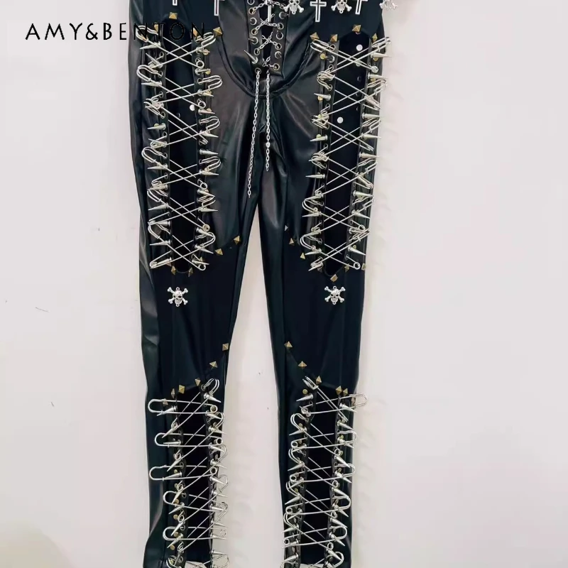 التصميم الأصلي فاسق الظلام سلسلة المرأة السراويل الجلدية الخريف جديد أسود الدانتيل متابعة شخصية كول وسيم السراويل الطويلة السيدات #1