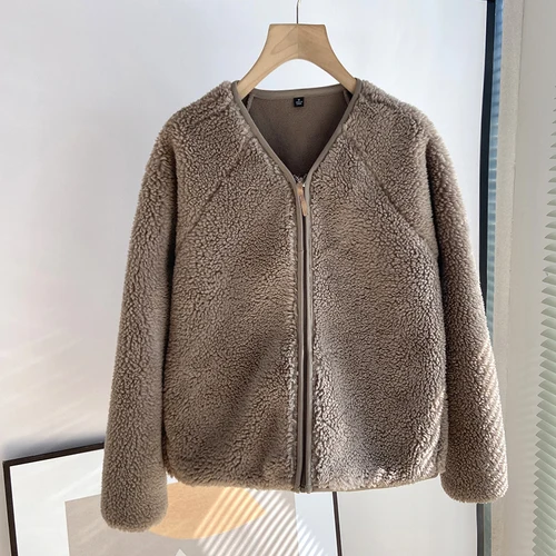 가을/겨울 여성 의류 부드러운 가짜 양고기 모피 쉐이크 플리스 자켓 긴 소매 따뜻한 스크래치 플리스 v 넥 지퍼 업 카디건 탑 