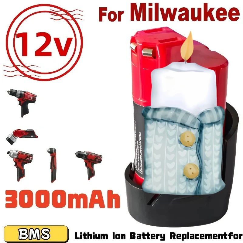 Replacement Lithium Battery 12V 3000mAh Fit Milwaukee 48‑11‑2411 MIL‑12A‑LI Rechargeable Battery For Cordless Power Tools