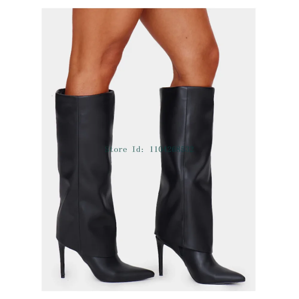 Black Genuine Leather Slouchy Boots Sexy Pointed Toe Stiletto Solid Knee High Slip On New Arrivals Fashion Women Modern Boots