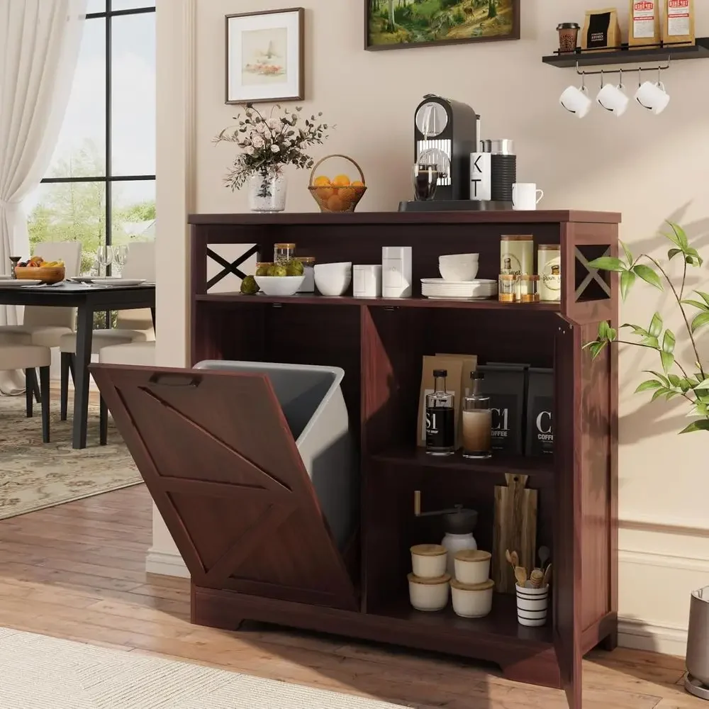 

Kitchen Island Trash Can Cabinet with Adjustable Shelves and Hidden Laundry Basket, Brown