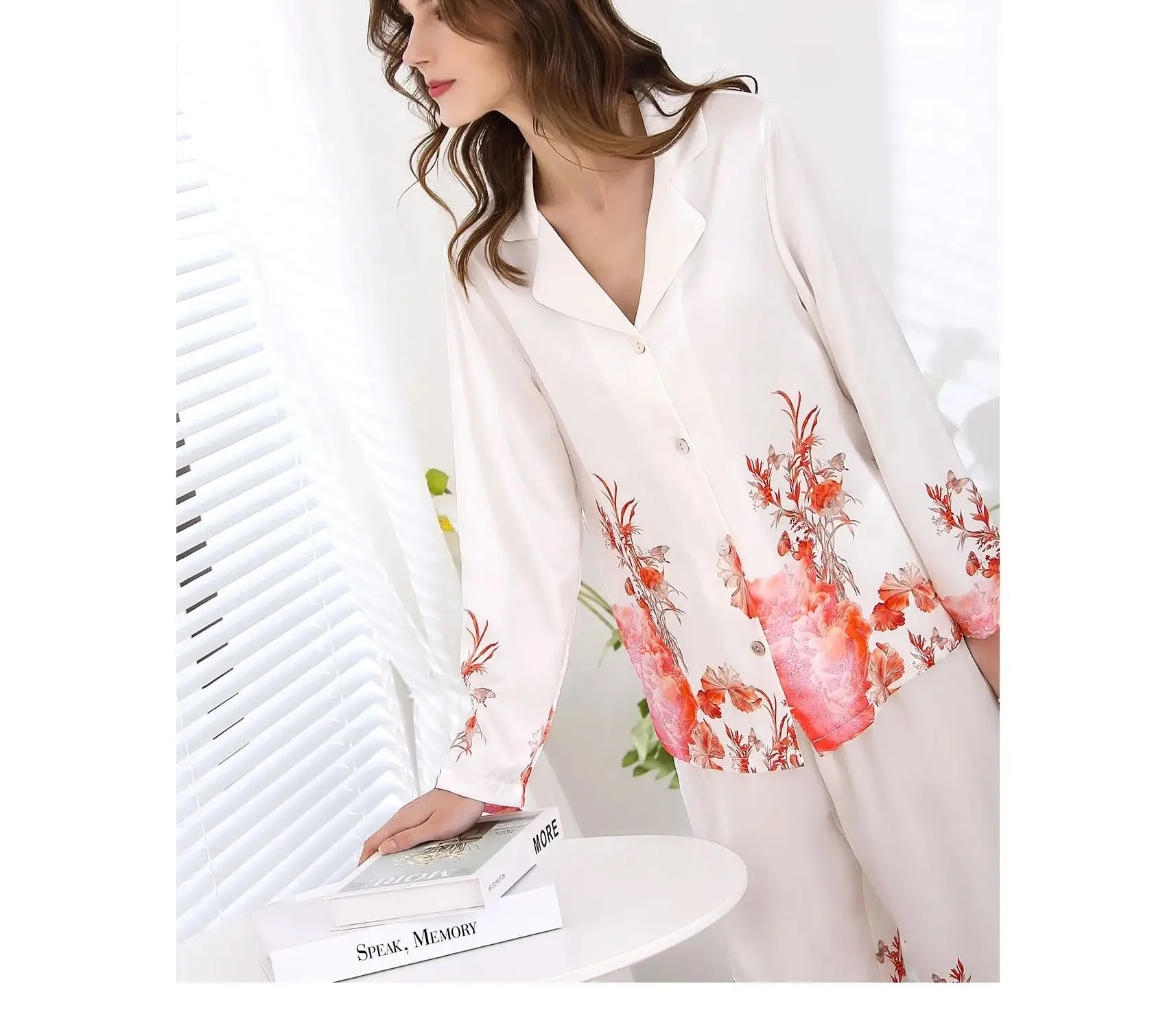 BirdTree, 19MM 100%Real Silk Pajamas Set, Women Flower Printed, Casual Fashion Retro Sleeping Homewear, 2024 Spring S439105QC