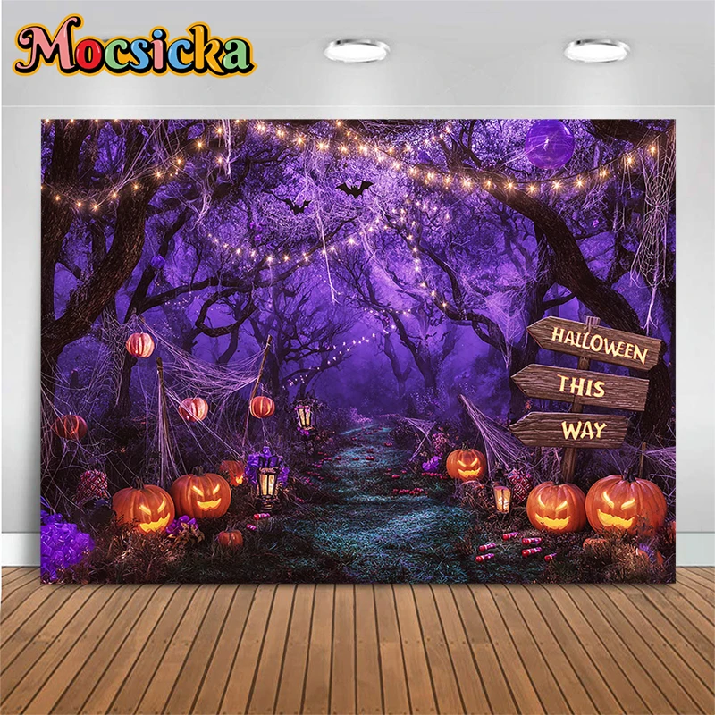 Mocsicka Halloween Decorations Background Photography Purple Forest Halloween Spider Webs Glowing Pumpkin Lantern Photo Backdrop
