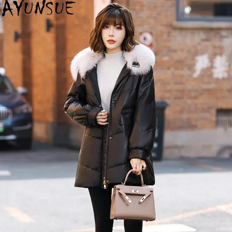 

Real AYUNSUE Leather Jacket Women Winter Genuine Sheepskin Coat Luxury Fox Fur Collar Loose White Goose Down Coats Abrigo Mujer