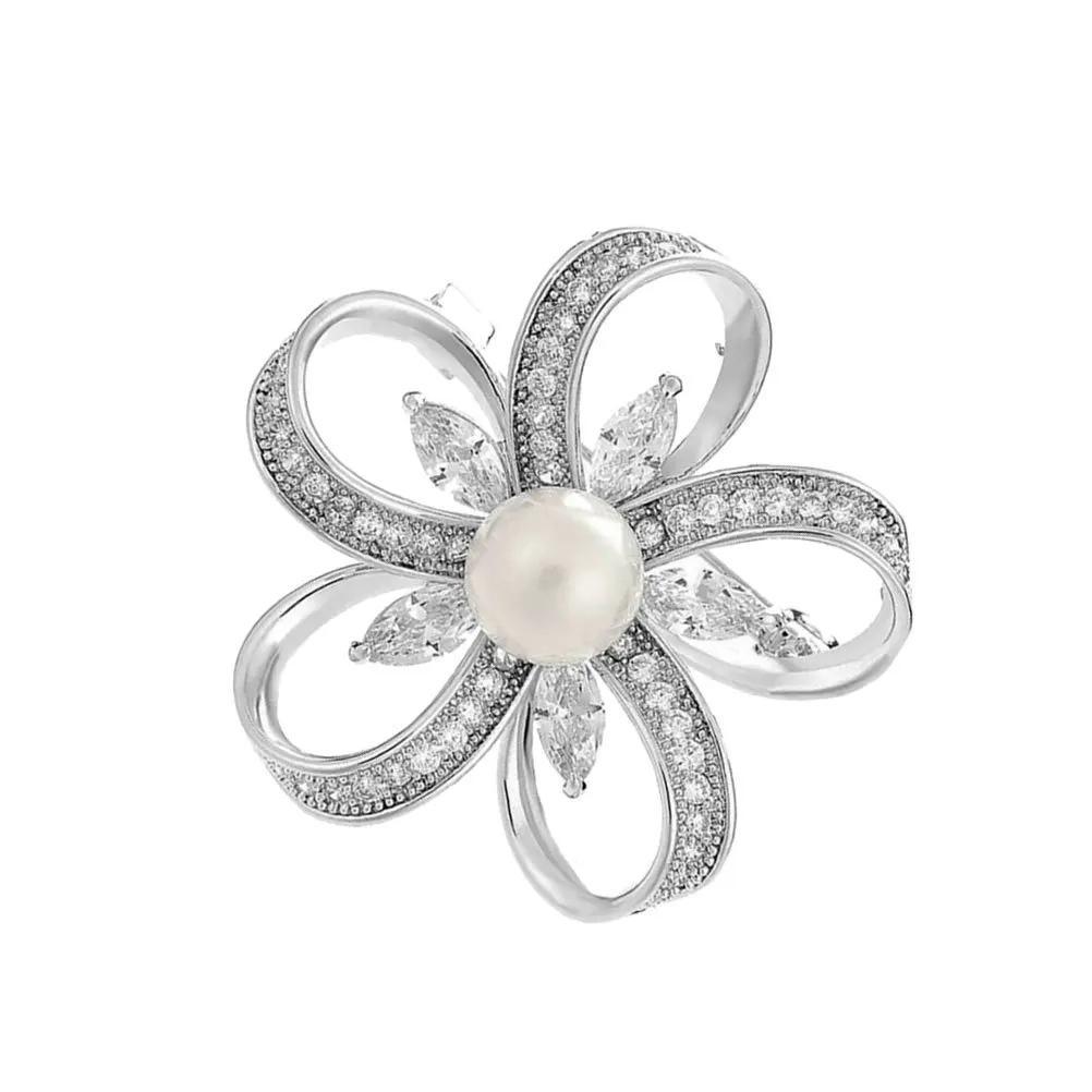 

Flower Brooch Pin Silver Zircon Pearl Decorative Corsage Brooch for Women Wedding Anniversary Birthday Party Gift