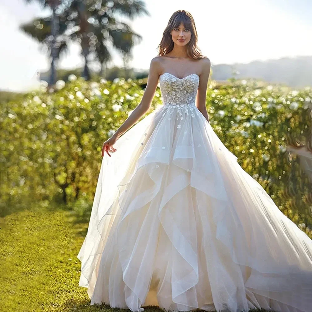 Flavinke personalizado elegante Sexy Sweetheart A-Line vestidos de novia Apliques de encaje Bohemia sin mangas vestidos de novia de tul