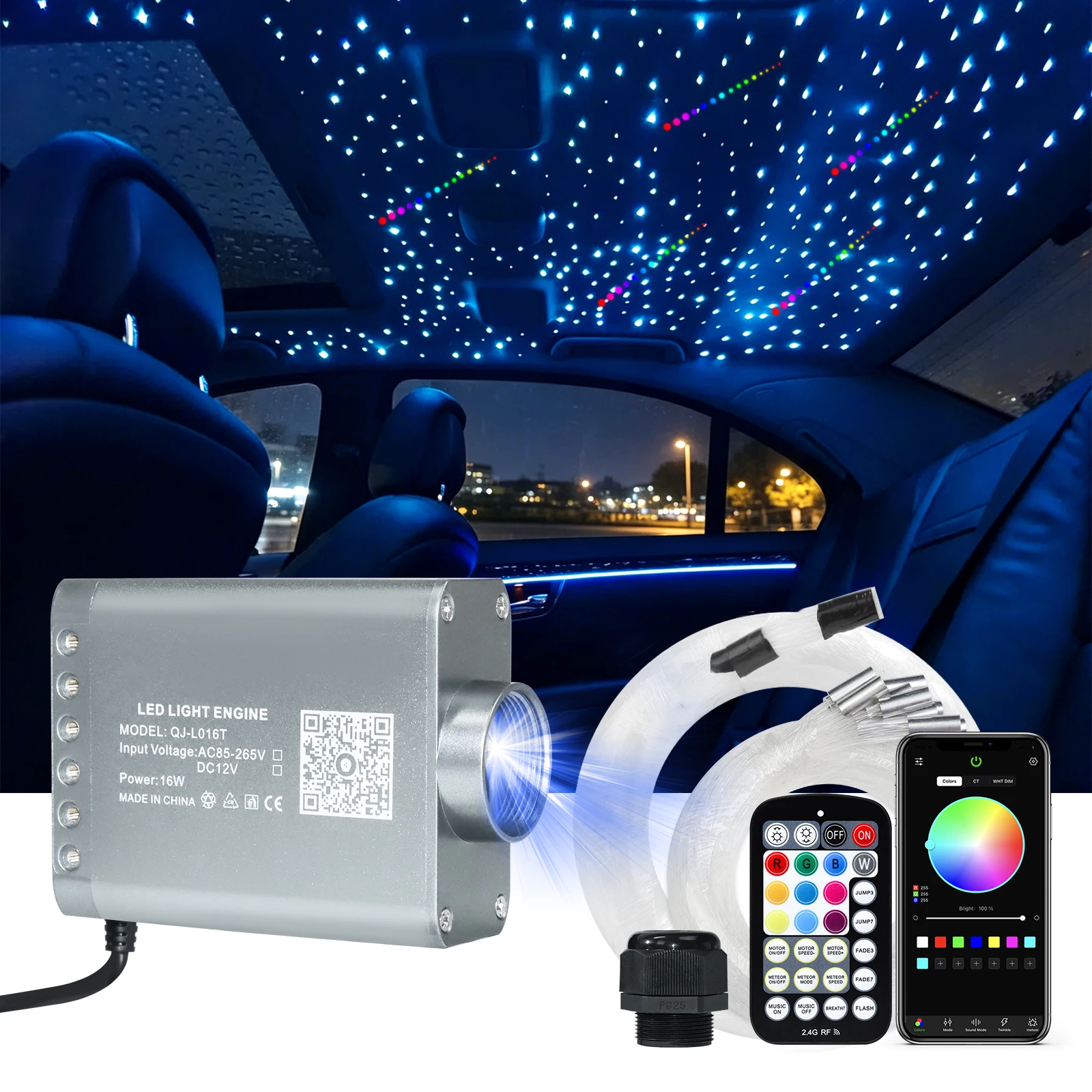 16W RGBW Single Head Fiber Optic Star Ceiling Kit with Shooting Star Music Control Smart APP Twinkle