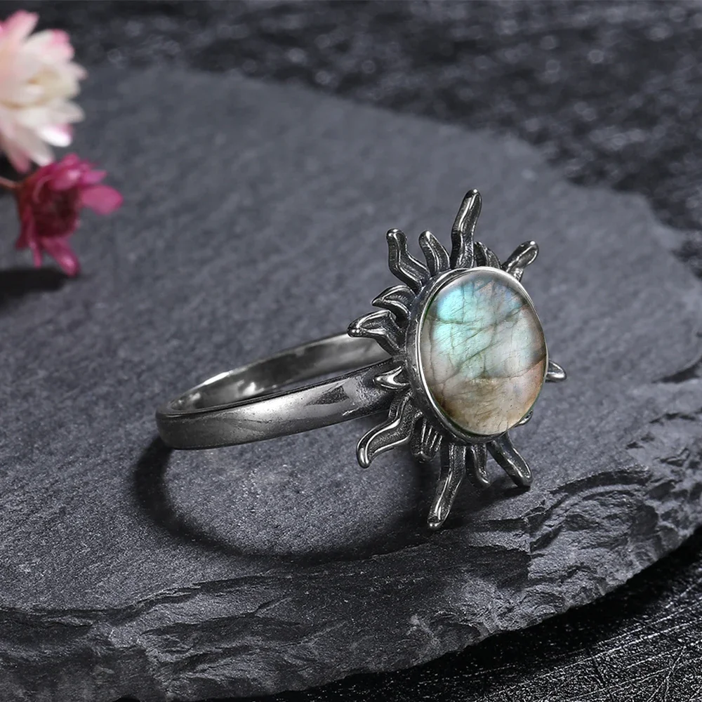 Round 10mm Natural Labradorite Rose Quartz Rings for Women Men 925 Sterling Silver Ring Retro Gemstone Rings Jewelry Party Gift