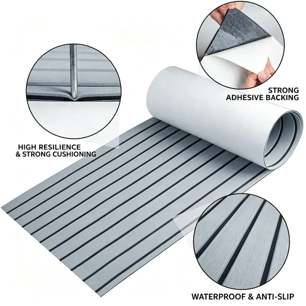 Light Grey Striped EVA Yacht Non-Slip Mat, DIY Waterproof Self-Adhesive Anti-Skid Deck Carpet for Boats, Yachts & Marine Vessels