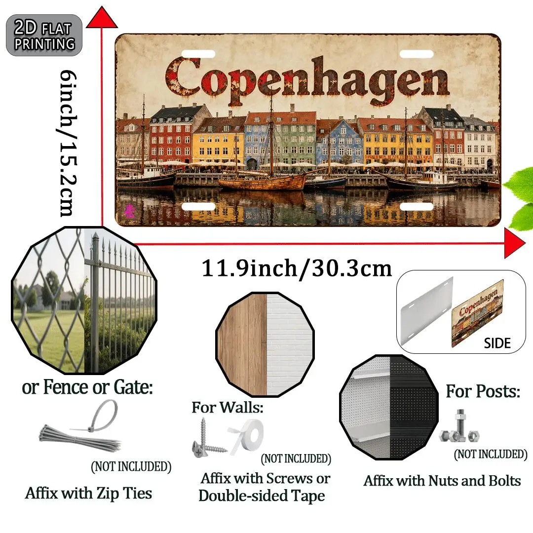 Copenhagen Denmark Nyhavn Harbor Colorful Houses License Plate Style 2D Flat Printing Metal Tin Sign, Scandinavian Travel Themed