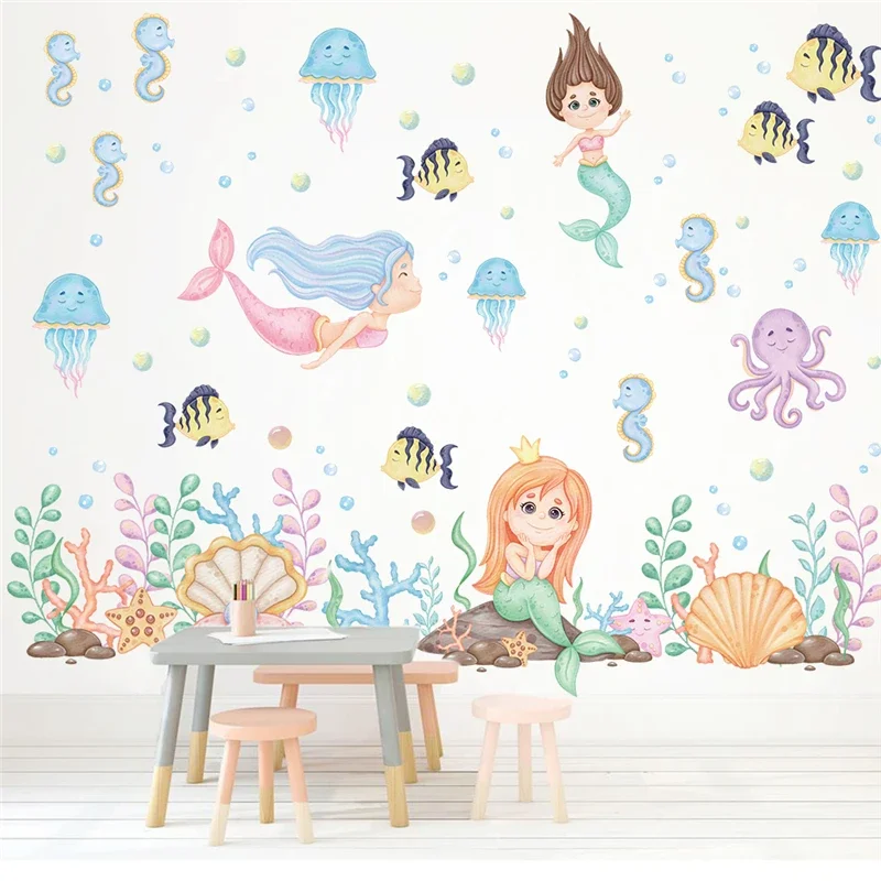 Cartoon Mermaid Fishes Sealifes Wall Sticker For Bathroom Home Decoration Diy Ocean Theme Mural Art Girls Decals Pvc Posters