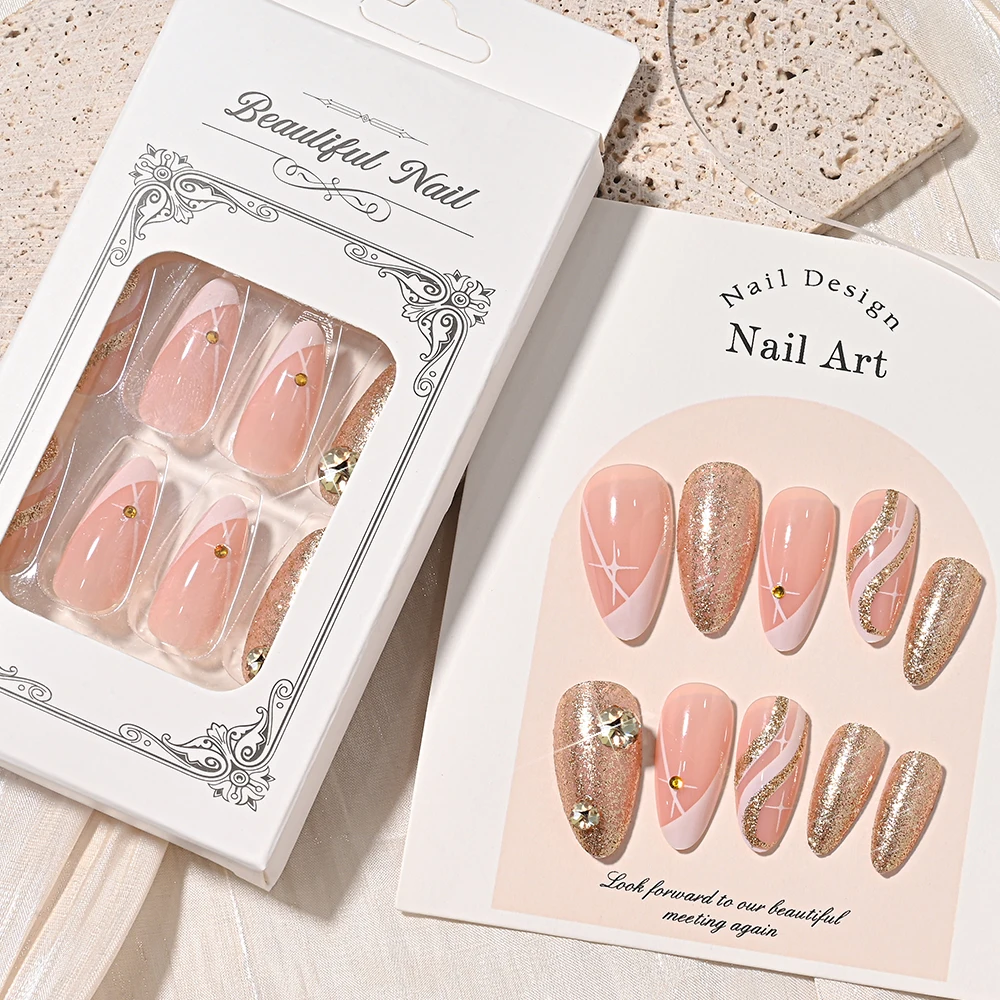 24pcs Elegant Nude Pink Gold Glitter Press On Nails French Almond Fake Nails with Rhinestone For Women Girls Daily DIY Manicure*