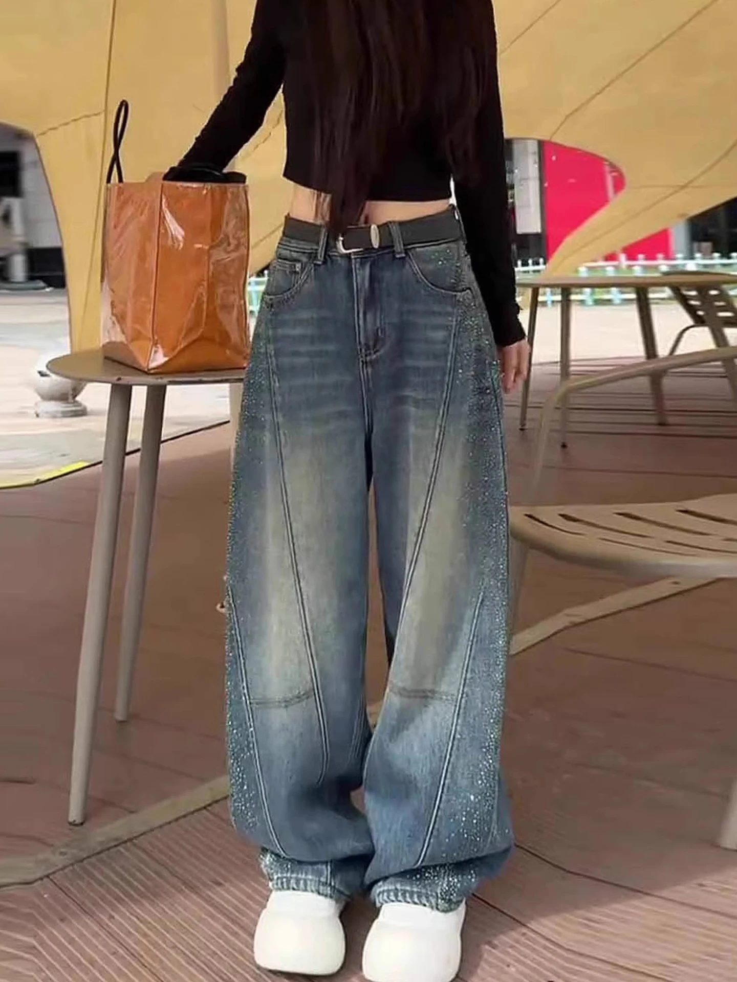 

Retro Blue Starburst Rhinestone Wide Leg Jeans Women's Summer Loose Casual Straight Cut Pants High Waist Zipper Closure