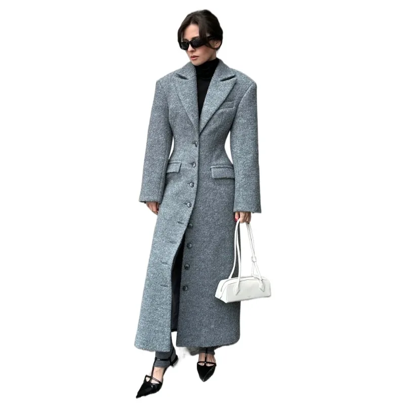 

New Lady Commuter Outwear Fashion Waist Cinching Woolen Long Coats For Women Lapel Long Sleeve Single-breasted Shoulder Pad Coat