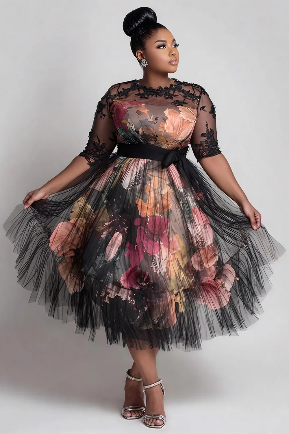 

Plus Size Wedding Guest Satin Black All Over Print Round Neck Short Sleeve See Through Elegant Tulle Midi Dresses